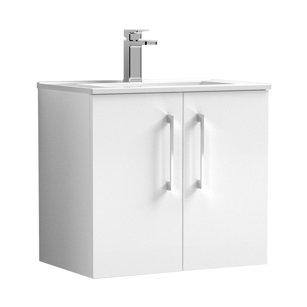 Nuie Arno 600mm Wall Hung 2 Door Vanity & Basin 2 Contemporary Gloss White MDF Painted Gloss 557x600x390mm - JJ Building Materials