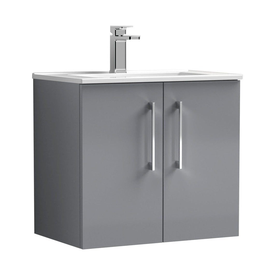 Nuie Arno 600mm Wall Hung 2 Door Vanity & Basin 2 Contemporary Satin Grey MFC Painted Matt 557x600x390mm - JJ Building Materials