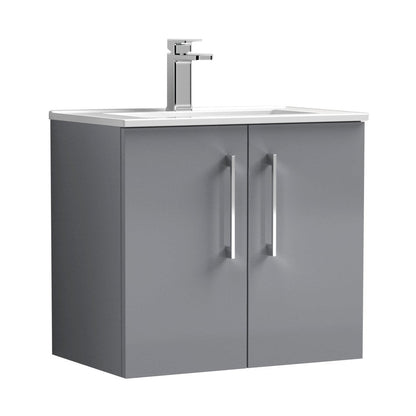 Nuie Arno 600mm Wall Hung 2 Door Vanity & Basin 2 Contemporary Satin Grey MFC Painted Matt 557x600x390mm - JJ Building Materials
