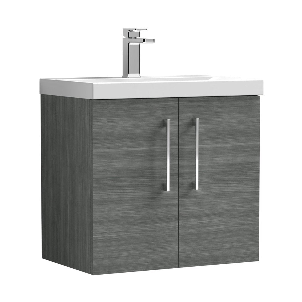 Nuie Arno 600mm Wall Hung 2 Door Vanity & Basin 3 Contemporary Anthracite Woodgrain 589x610x395mm - JJ Building Materials