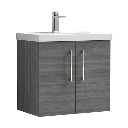 Nuie Arno 600mm Wall Hung 2 Door Vanity & Basin 3 Contemporary Anthracite Woodgrain 589x610x395mm - JJ Building Materials