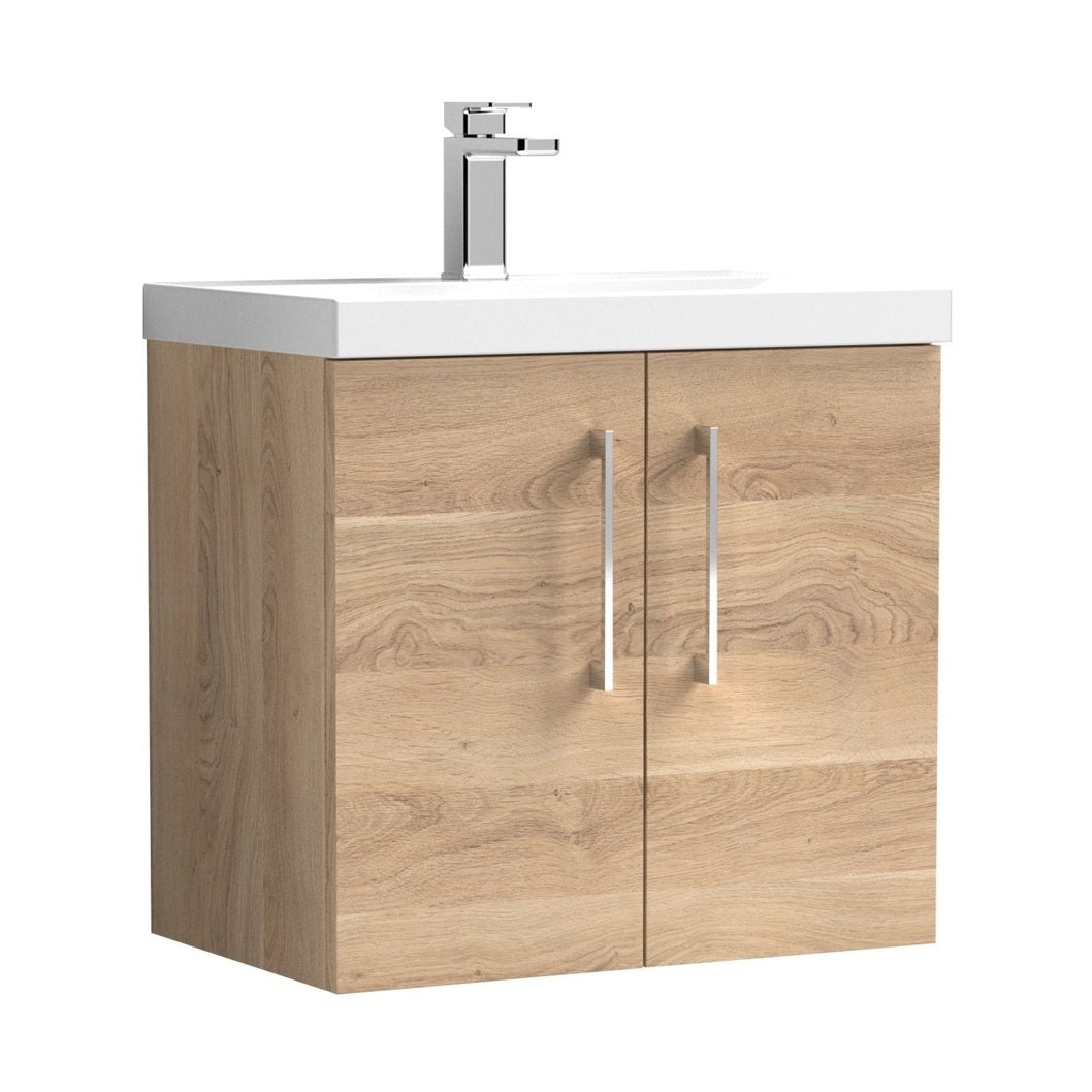 Nuie Arno 600mm Wall Hung 2-door Vanity & Basin 3 Contemporary Bleached Oak MFC Textured Woodgrain 590x610x395mm - JJ Building Materials
