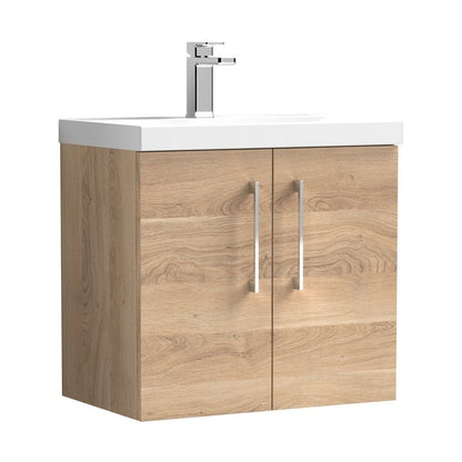 Nuie Arno 600mm Wall Hung 2-door Vanity & Basin 3 Contemporary Bleached Oak MFC Textured Woodgrain 590x610x395mm - JJ Building Materials