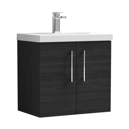 Nuie Arno 600mm Wall Hung 2 Door Vanity & Basin 3 Contemporary Charcoal Black MFC Textured Woodgrain 589x610x395mm - JJ Building Materials