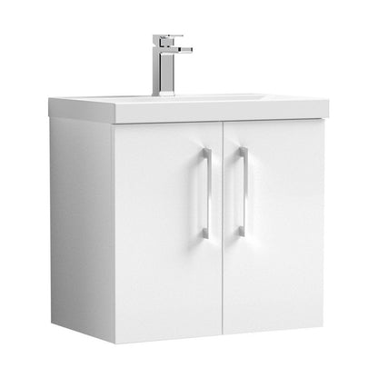 Nuie Arno 600mm Wall Hung 2 Door Vanity & Basin 3 Contemporary Gloss White MDF Painted Gloss 589x610x395mm - JJ Building Materials