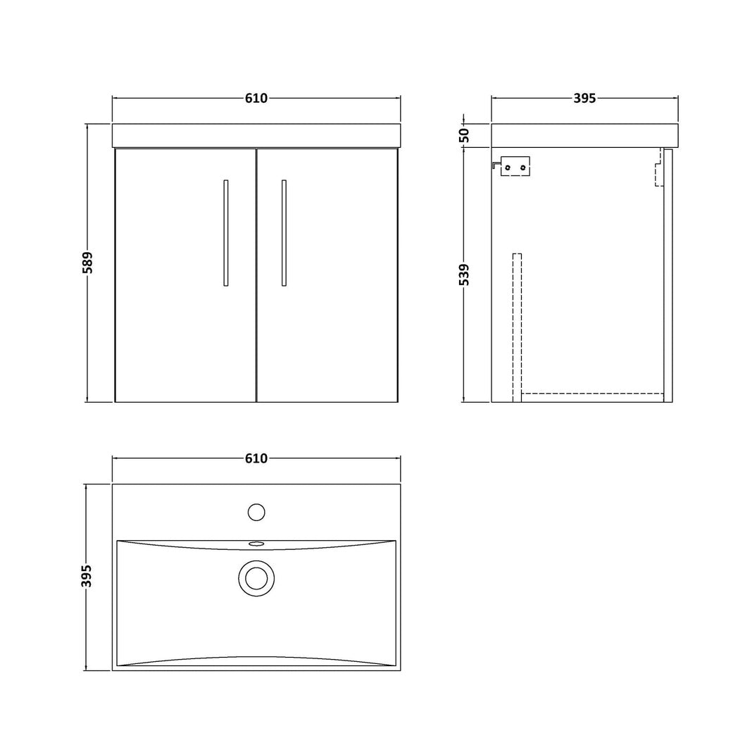 Nuie Arno 600mm Wall Hung 2 Door Vanity & Basin 3 Contemporary Gloss White MDF Painted Gloss 589x610x395mm - JJ Building Materials