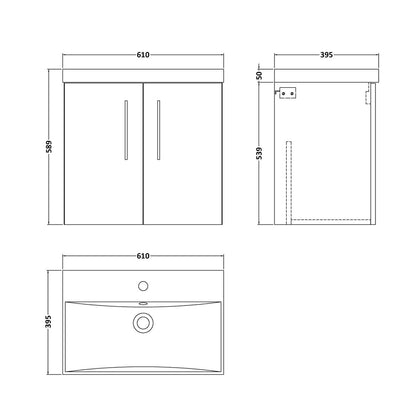 Nuie Arno 600mm Wall Hung 2 Door Vanity & Basin 3 Contemporary Gloss White MDF Painted Gloss 589x610x395mm - JJ Building Materials