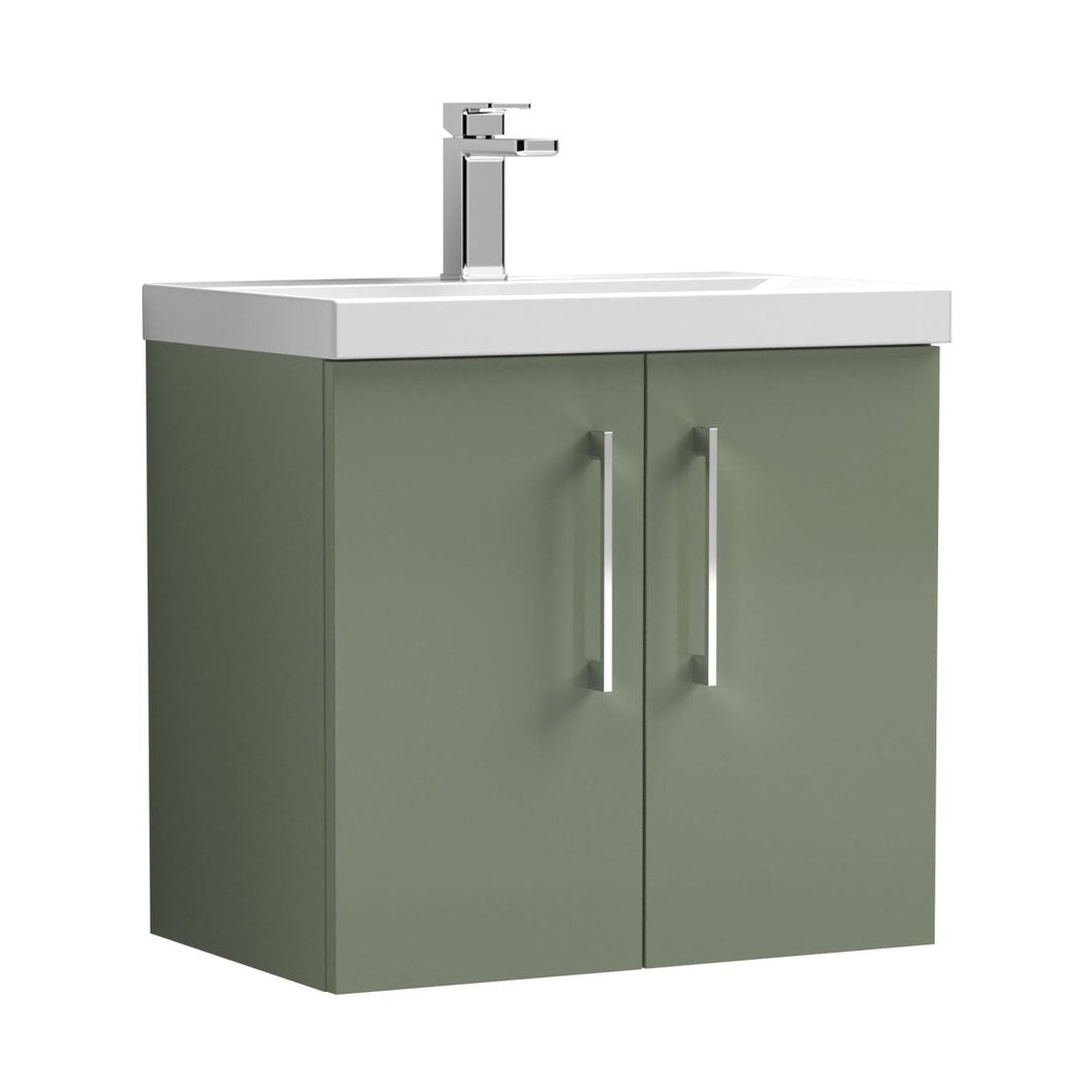 Nuie Arno 600mm Wall Hung 2 Door Vanity & Basin 3 Contemporary Satin Green MFC Painted Matt 589x610x395mm - JJ Building Materials