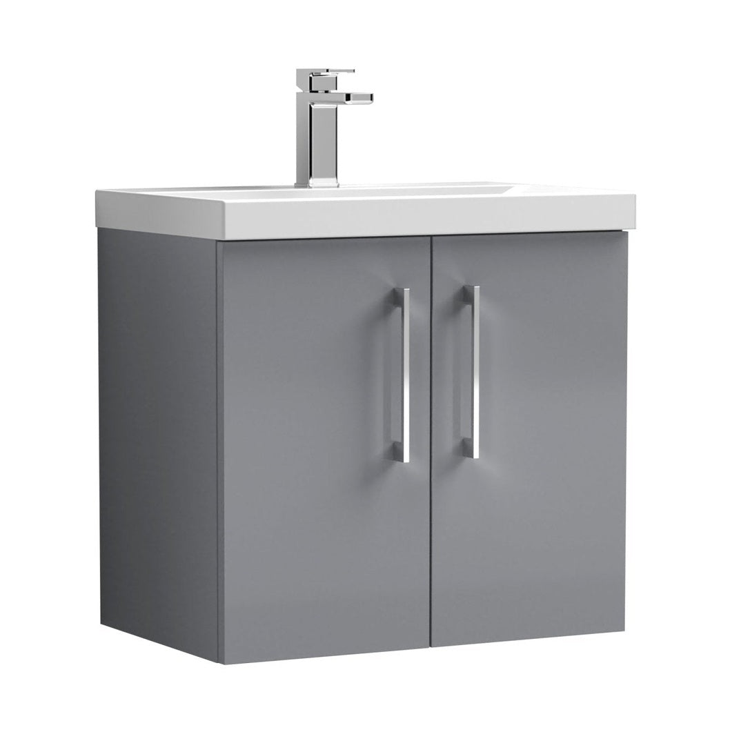 Nuie Arno 600mm Wall Hung 2 Door Vanity & Basin 3 Contemporary Satin Grey MFC Painted Matt 589x610x395mm - JJ Building Materials