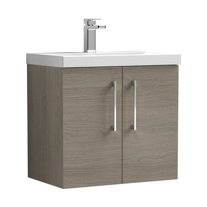 Nuie Arno 600mm Wall Hung 2 Door Vanity & Basin 3 Contemporary Solace Oak MFC Textured Woodgrain 589x610x395mm - JJ Building Materials