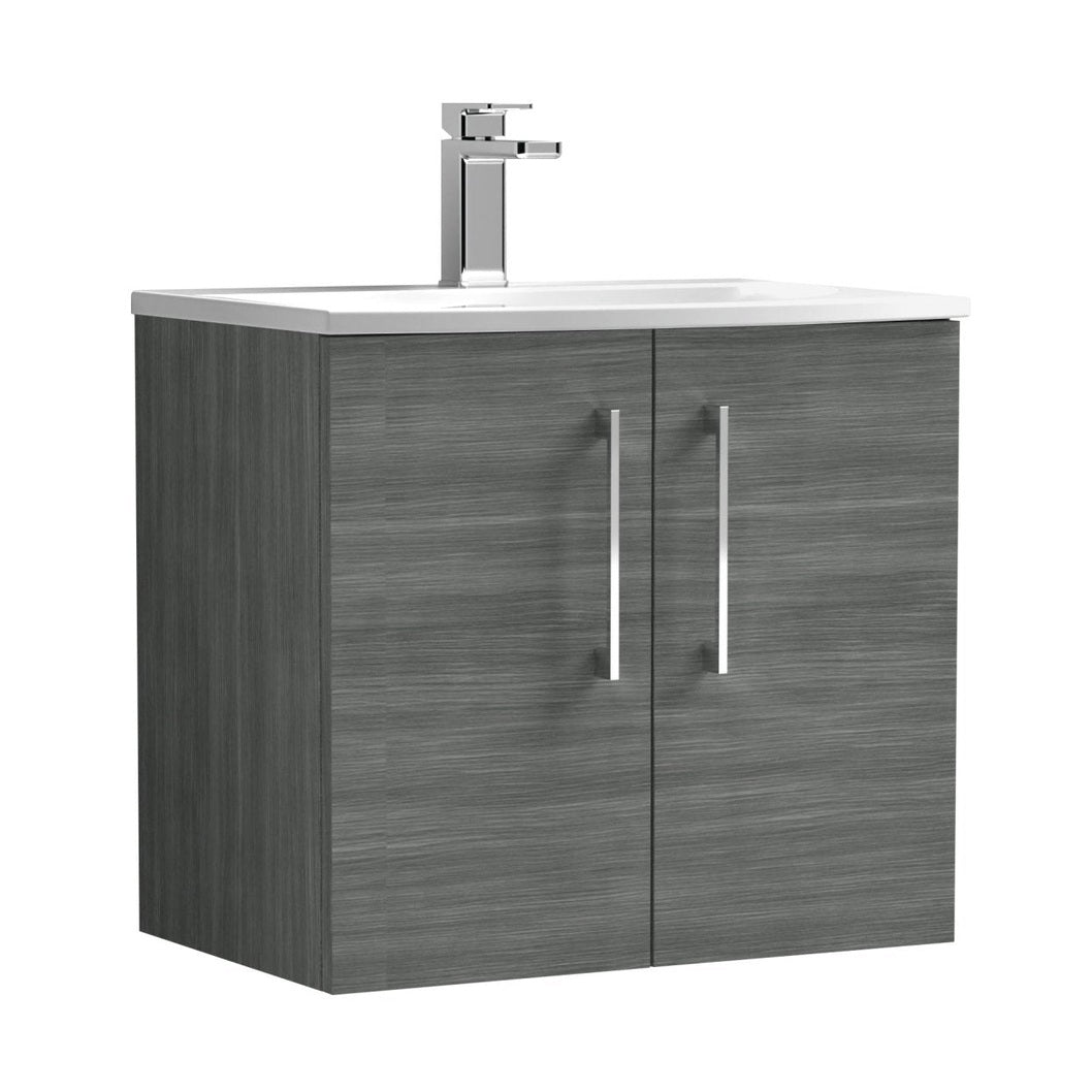 Nuie Arno 600mm Wall Hung 2 Door Vanity & Basin 4 Contemporary Anthracite Woodgrain 569x610x440mm - JJ Building Materials