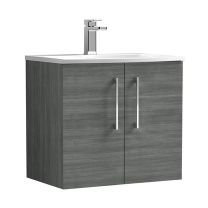 Nuie Arno 600mm Wall Hung 2 Door Vanity & Basin 4 Contemporary Anthracite Woodgrain 569x610x440mm - JJ Building Materials
