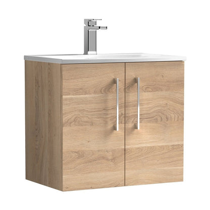 Nuie Arno 600mm Wall Hung 2-door Vanity & Basin 4 Contemporary Bleached Oak MFC Textured Woodgrain 570x610x440mm - JJ Building Materials