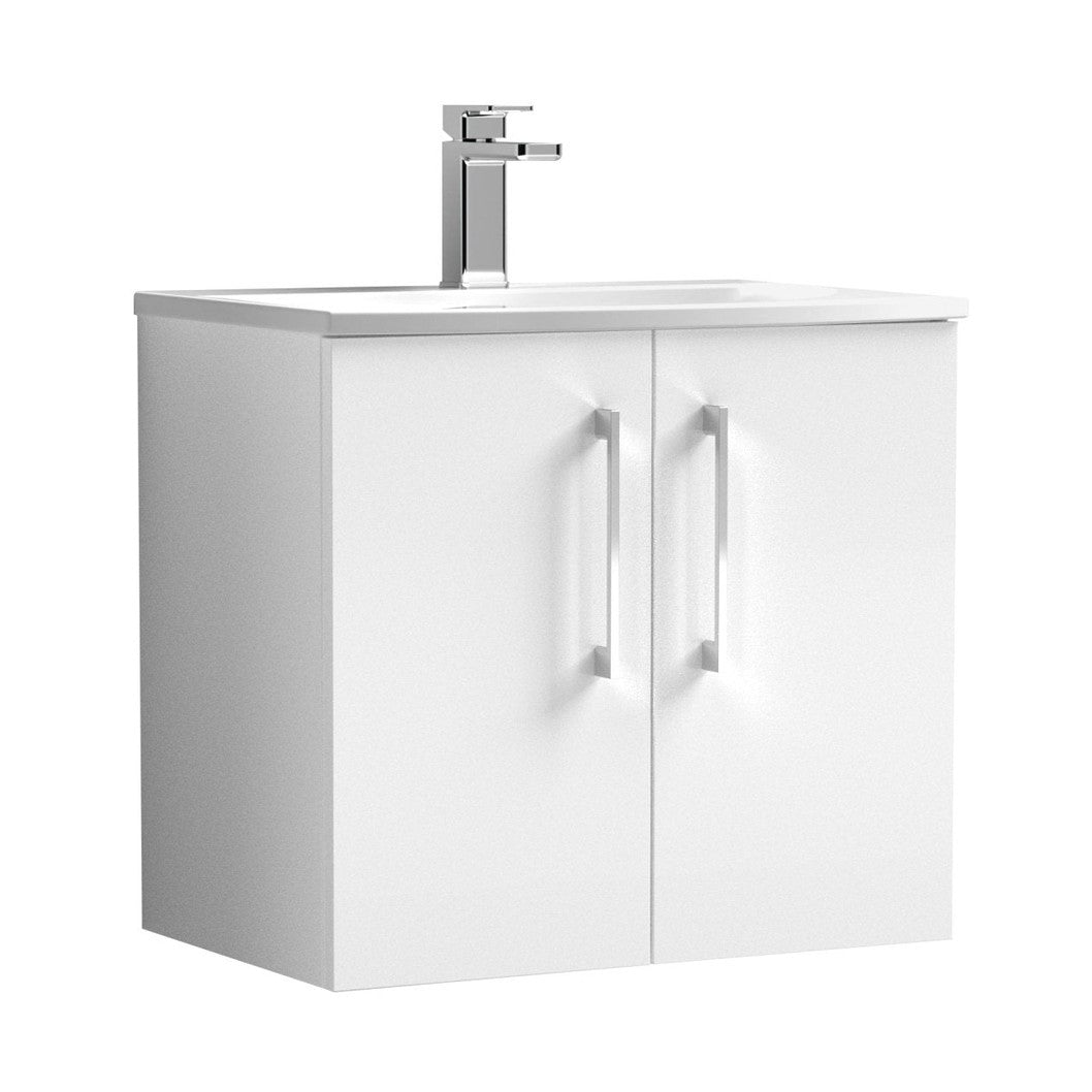 Nuie Arno 600mm Wall Hung 2 Door Vanity & Basin 4 Contemporary Gloss White MDF Painted Gloss 569x610x440mm - JJ Building Materials