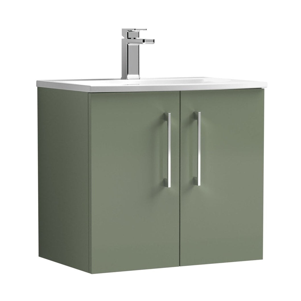 Nuie Arno 600mm Wall Hung 2 Door Vanity & Basin 4 Contemporary Satin Green MFC Painted Matt 570x610x440mm - JJ Building Materials