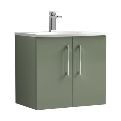 Nuie Arno 600mm Wall Hung 2 Door Vanity & Basin 4 Contemporary Satin Green MFC Painted Matt 570x610x440mm - JJ Building Materials