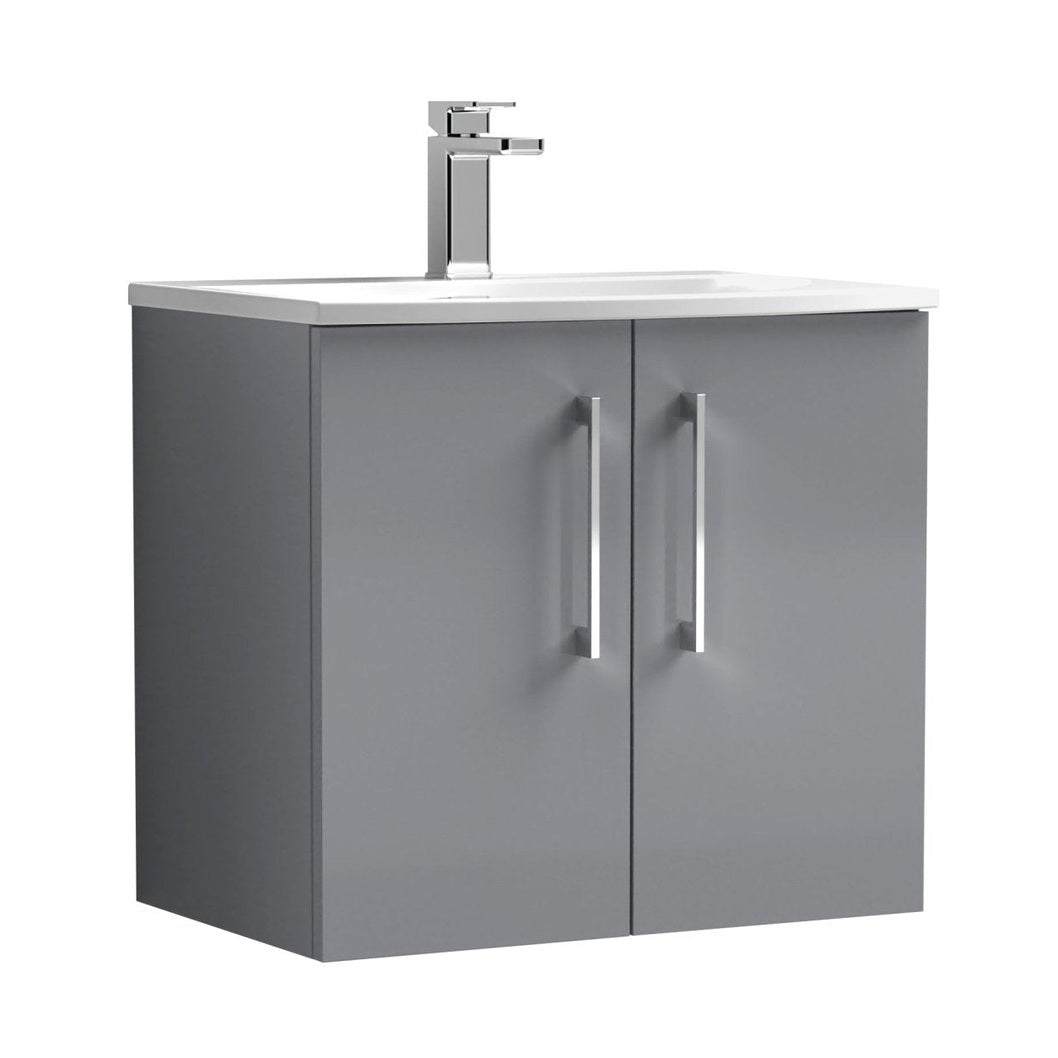 Nuie Arno 600mm Wall Hung 2 Door Vanity & Basin 4 Contemporary Satin Grey MFC Painted Matt 569x610x440mm - JJ Building Materials