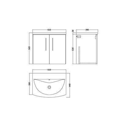 Nuie Arno 600mm Wall Hung 2 Door Vanity & Basin 4 Contemporary Soft Black 569x610x440mm - JJ Building Materials