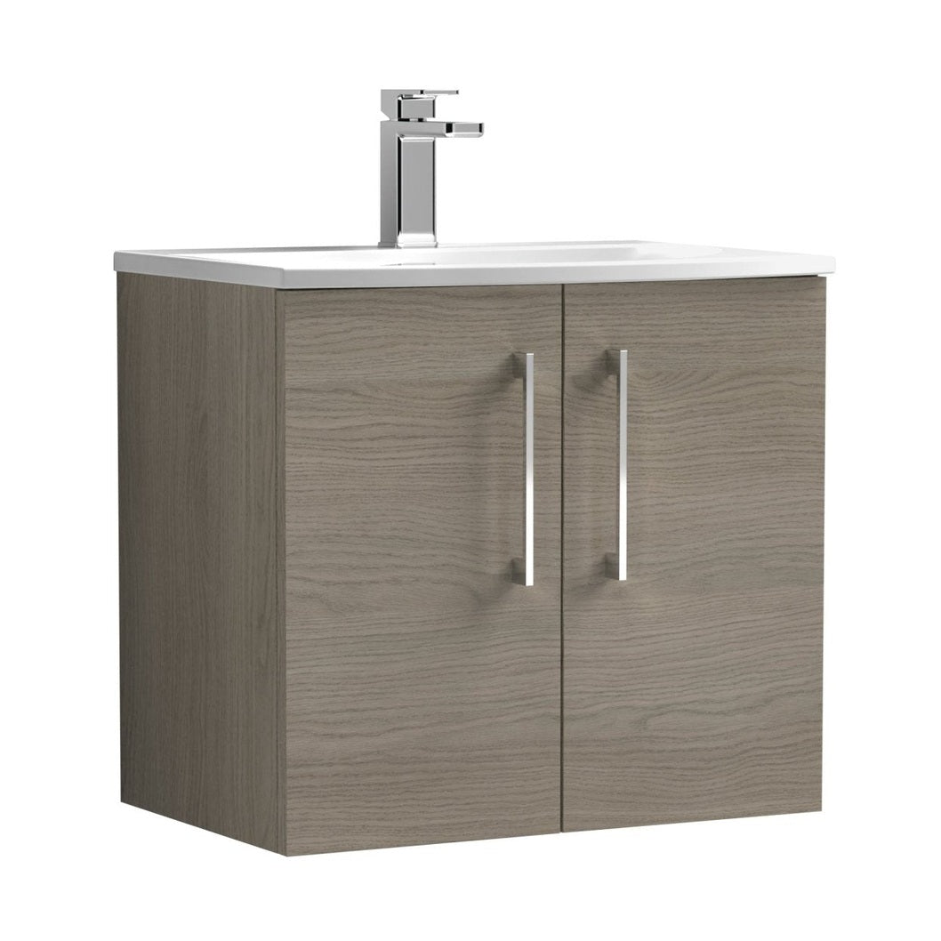 Nuie Arno 600mm Wall Hung 2 Door Vanity & Basin 4 Contemporary Solace Oak MFC Textured Woodgrain 569x610x440mm - JJ Building Materials