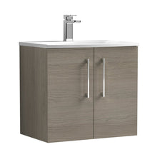 Nuie Arno 600mm Wall Hung 2 Door Vanity & Basin 4 Contemporary Solace Oak MFC Textured Woodgrain 569x610x440mm - JJ Building Materials