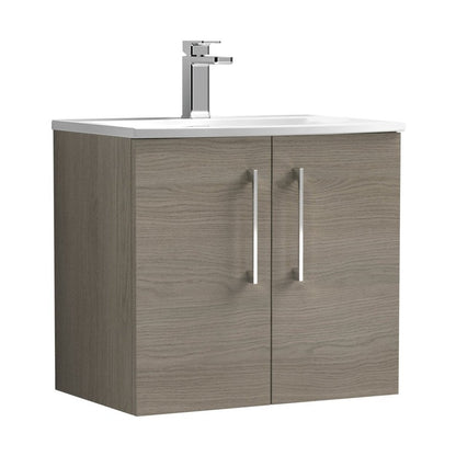 Nuie Arno 600mm Wall Hung 2 Door Vanity & Basin 4 Contemporary Solace Oak MFC Textured Woodgrain 569x610x440mm - JJ Building Materials