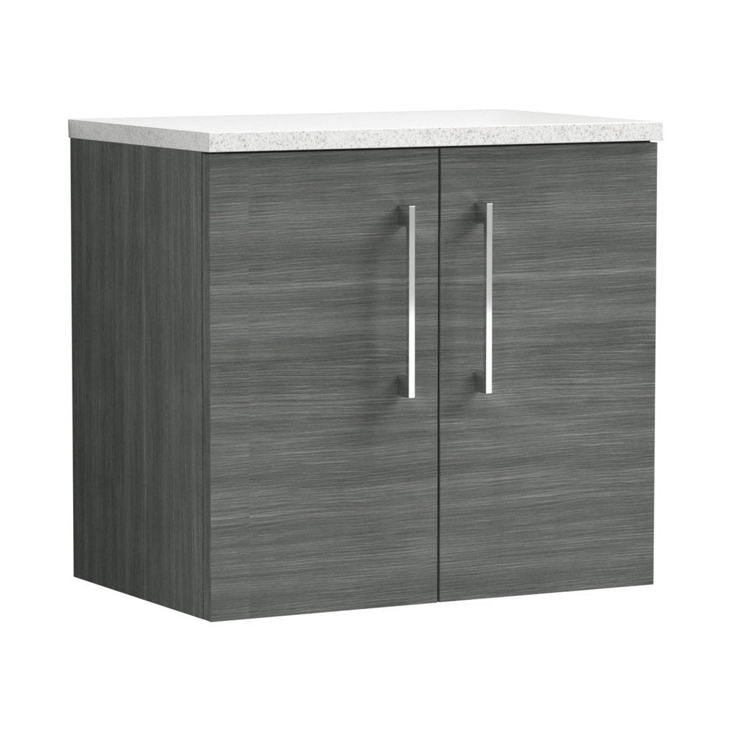 Nuie Arno 600mm Wall Hung 2 Door Vanity & Laminate Top Contemporary Anthracite Woodgrain MFC Textured Woodgrain 561x605x383mm - ARN523LSW - JJ Building Materials