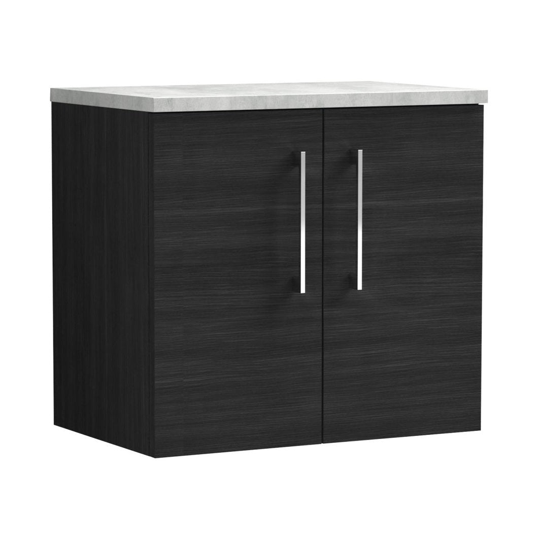 Nuie Arno 600mm Wall Hung 2 Door Vanity & Laminate Top Contemporary Charcoal Black MFC Textured Woodgrain 561x605x390mm - JJ Building Materials
