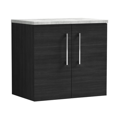 Nuie Arno 600mm Wall Hung 2 Door Vanity & Laminate Top Contemporary Charcoal Black MFC Textured Woodgrain 561x605x390mm - JJ Building Materials
