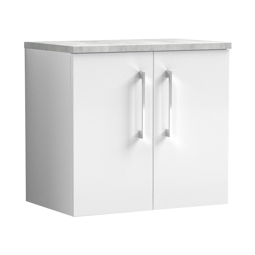 Nuie Arno 600mm Wall Hung 2 Door Vanity & Laminate Top Contemporary Gloss White MFC Painted Gloss 561x605x390mm - JJ Building Materials