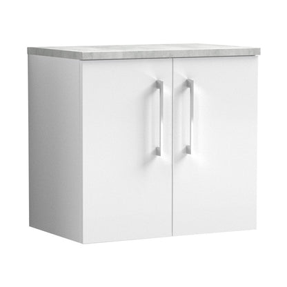 Nuie Arno 600mm Wall Hung 2 Door Vanity & Laminate Top Contemporary Gloss White MFC Painted Gloss 561x605x390mm - JJ Building Materials