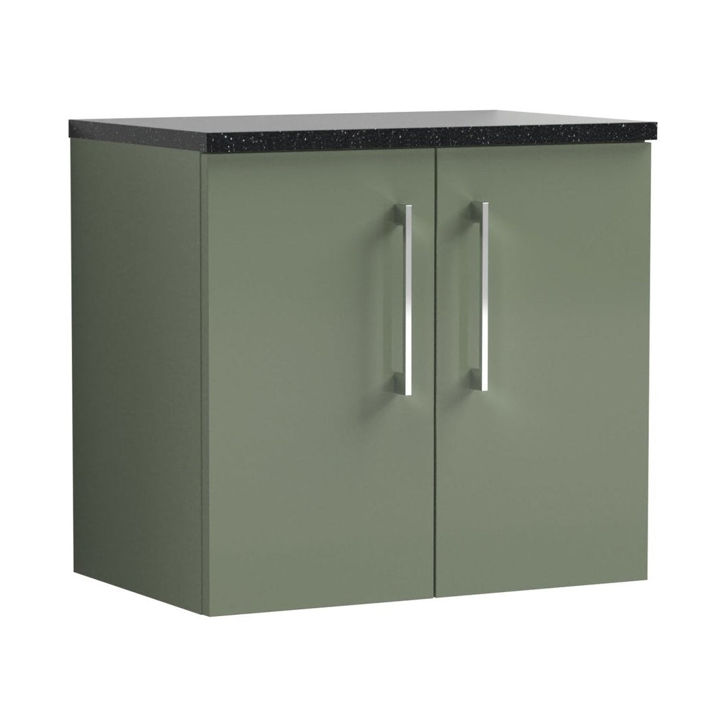Nuie Arno 600mm Wall Hung 2 Door Vanity & Laminate Top Contemporary Satin Green MFC Painted Matt 561x605x383mm - ARN823LSB - JJ Building Materials