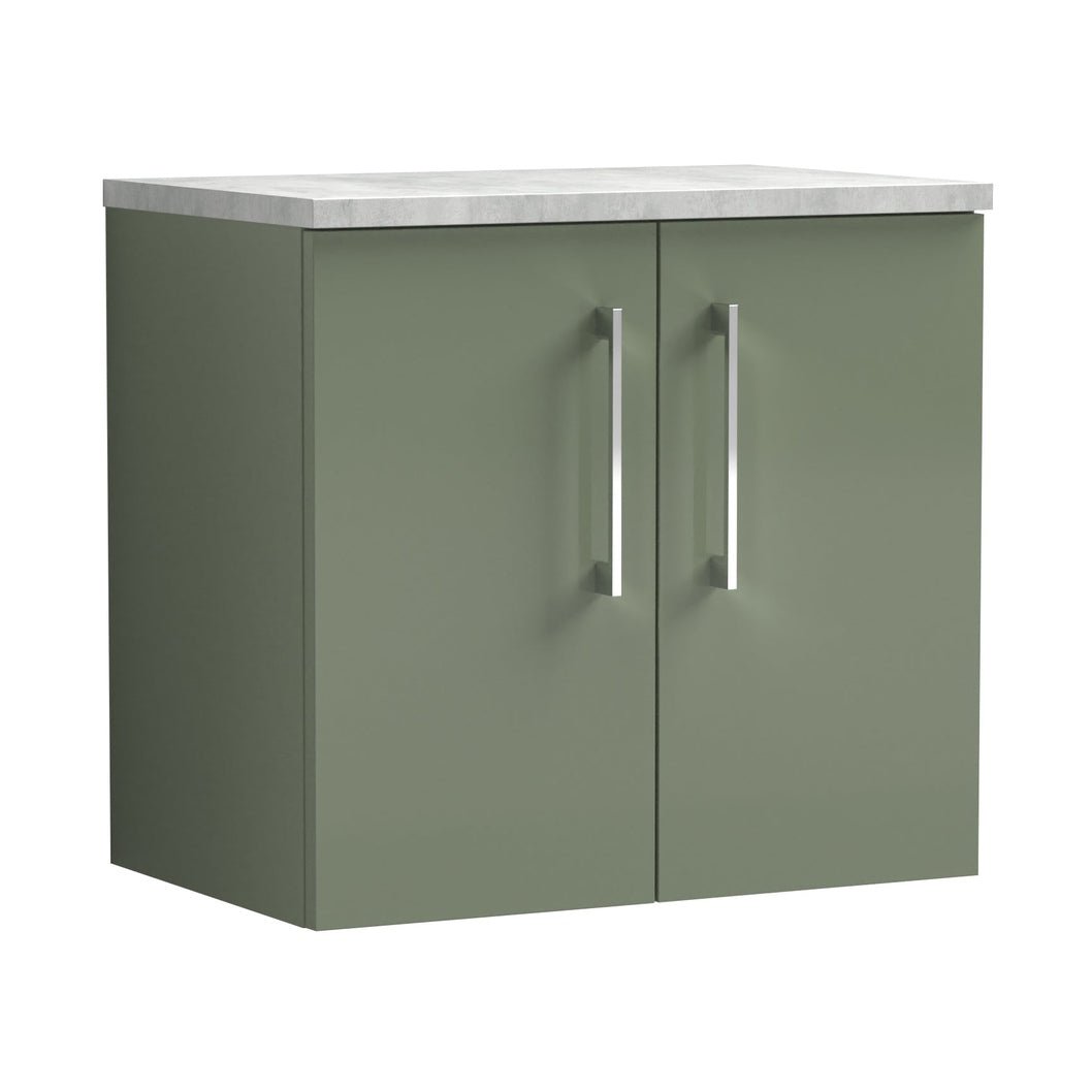 Nuie Arno 600mm Wall Hung 2 Door Vanity & Laminate Top Contemporary Satin Green MFC Painted Matt 561x605x390mm - JJ Building Materials