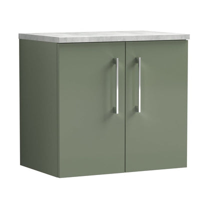 Nuie Arno 600mm Wall Hung 2 Door Vanity & Laminate Top Contemporary Satin Green MFC Painted Matt 561x605x390mm - JJ Building Materials