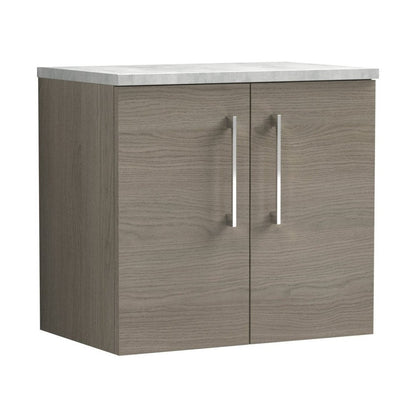 Nuie Arno 600mm Wall Hung 2 Door Vanity & Laminate Top Contemporary Solace Oak MFC Textured Woodgrain 561x605x390mm - JJ Building Materials
