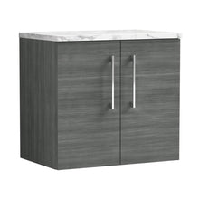 Nuie Arno 600mm Wall Hung 2-door Vanity & Laminate Worktop Contemporary Anthracite Woodgrain MFC Textured Woodgrain 561x605x390mm - JJ Building Materials