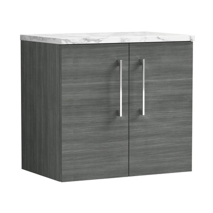 Nuie Arno 600mm Wall Hung 2-door Vanity & Laminate Worktop Contemporary Anthracite Woodgrain MFC Textured Woodgrain 561x605x390mm - JJ Building Materials