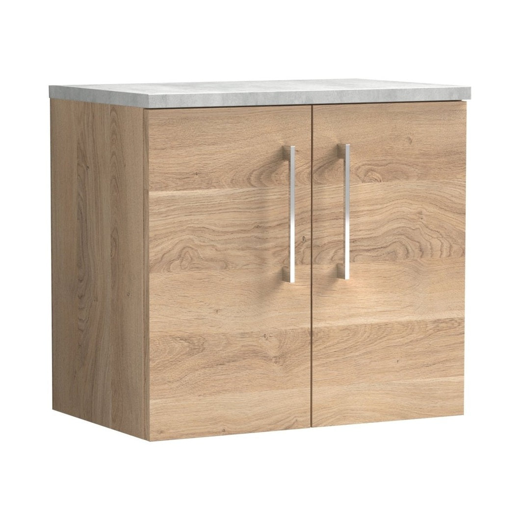 Nuie Arno 600mm Wall Hung 2-door Vanity & Laminate Worktop Contemporary Bleached Oak MFC Textured Woodgrain 562x605x390mm - ARN3023LBG - JJ Building Materials