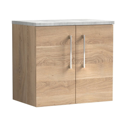 Nuie Arno 600mm Wall Hung 2-door Vanity & Laminate Worktop Contemporary Bleached Oak MFC Textured Woodgrain 562x605x390mm - ARN3023LBG - JJ Building Materials