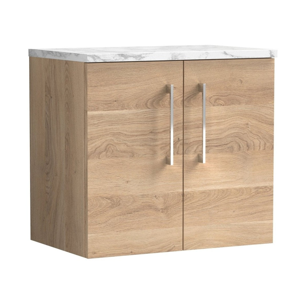 Nuie Arno 600mm Wall Hung 2-door Vanity & Laminate Worktop Contemporary Bleached Oak MFC Textured Woodgrain 562x605x390mm - ARN3023LCM - JJ Building Materials