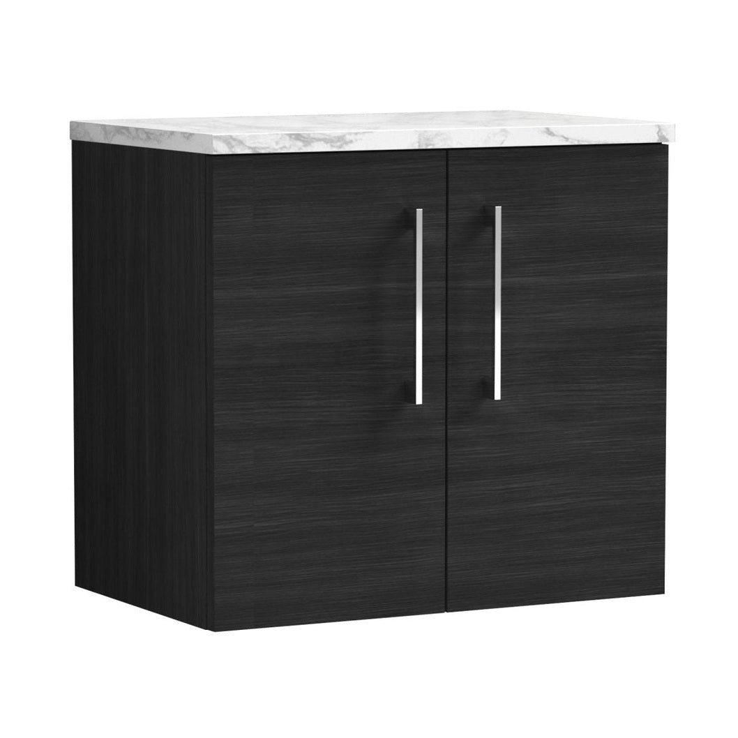 Nuie Arno 600mm Wall Hung 2-door Vanity & Laminate Worktop Contemporary Charcoal Black MFC Textured Woodgrain 562x605x390mm - JJ Building Materials
