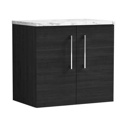 Nuie Arno 600mm Wall Hung 2-door Vanity & Laminate Worktop Contemporary Charcoal Black MFC Textured Woodgrain 562x605x390mm - JJ Building Materials