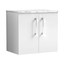 Nuie Arno 600mm Wall Hung 2-door Vanity & Laminate Worktop Contemporary Gloss White MFC Painted Gloss 561x605x390mm - JJ Building Materials
