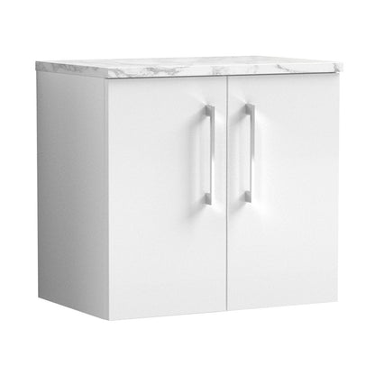 Nuie Arno 600mm Wall Hung 2-door Vanity & Laminate Worktop Contemporary Gloss White MFC Painted Gloss 561x605x390mm - JJ Building Materials