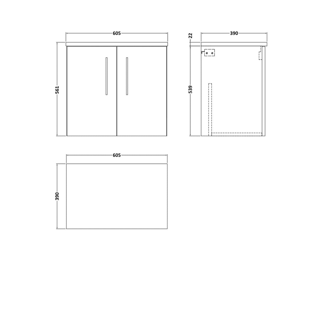 Nuie Arno 600mm Wall Hung 2-door Vanity & Laminate Worktop Contemporary Satin Green MFC Painted Matt 562x605x390mm - JJ Building Materials