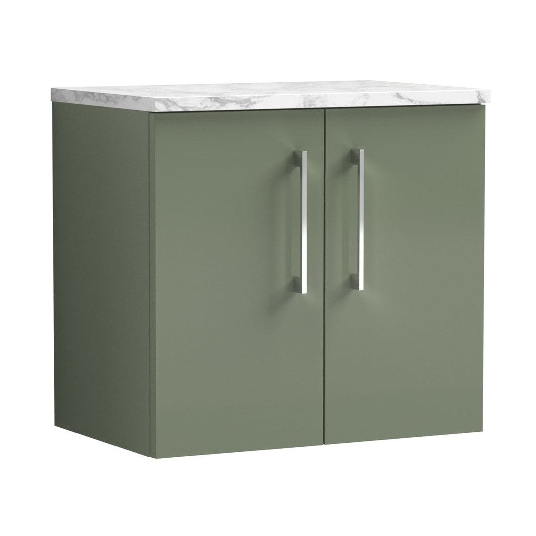 Nuie Arno 600mm Wall Hung 2-door Vanity & Laminate Worktop Contemporary Satin Green MFC Painted Matt 562x605x390mm - JJ Building Materials