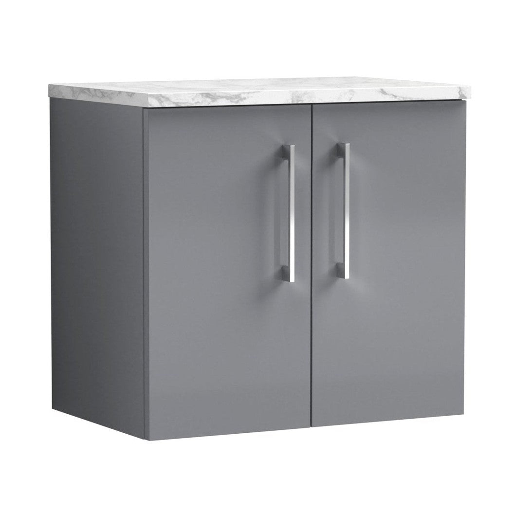 Nuie Arno 600mm Wall Hung 2-door Vanity & Laminate Worktop Contemporary Satin Grey MFC Painted Matt 562x605x390mm - JJ Building Materials