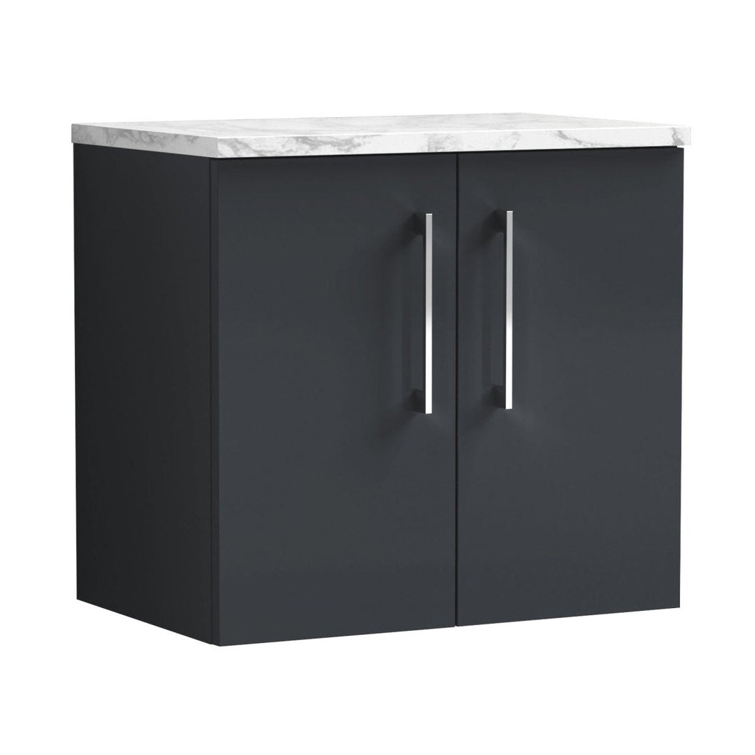 Nuie Arno 600mm Wall Hung 2-door Vanity & Laminate Worktop Contemporary Soft Black MFC Painted Matt 562x605x390mm - JJ Building Materials