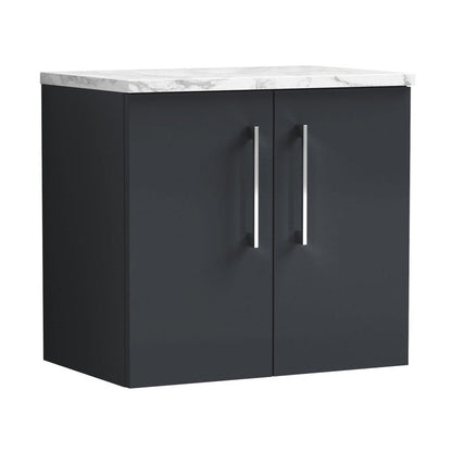 Nuie Arno 600mm Wall Hung 2-door Vanity & Laminate Worktop Contemporary Soft Black MFC Painted Matt 562x605x390mm - JJ Building Materials