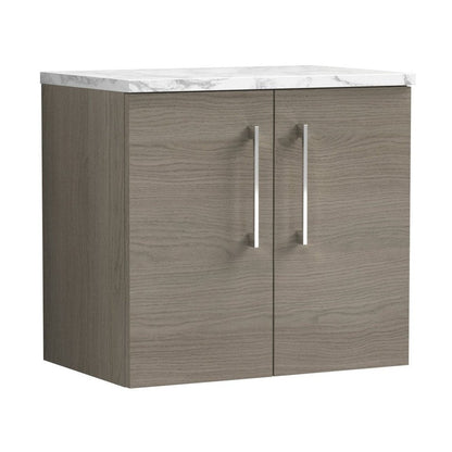 Nuie Arno 600mm Wall Hung 2-door Vanity & Laminate Worktop Contemporary Solace Oak MFC Textured Woodgrain 561x605x390mm - JJ Building Materials
