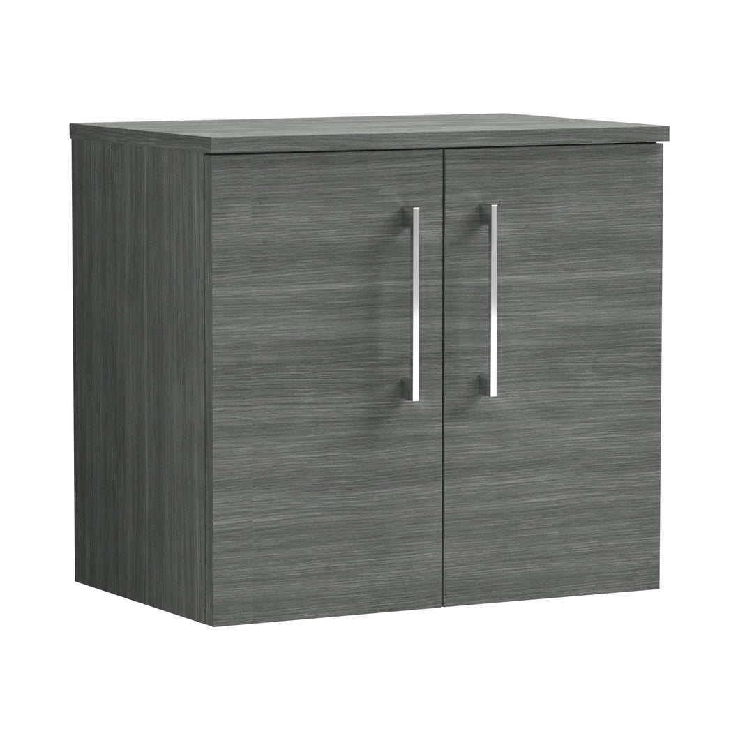 Nuie Arno 600mm Wall Hung 2 Door Vanity & Worktop Contemporary Anthracite Woodgrain MFC Textured Woodgrain 557x605x383mm - JJ Building Materials